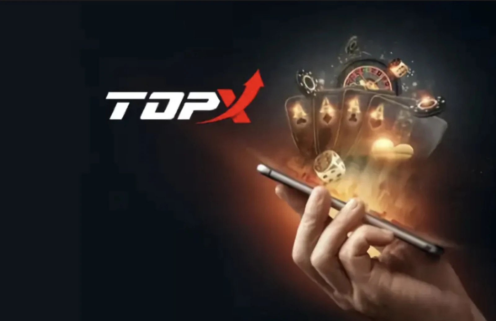 Mão segurando um celular de onde saem cartas, dados e uma roleta em chamas, ao lado do logotipo da TopX em fundo escuro